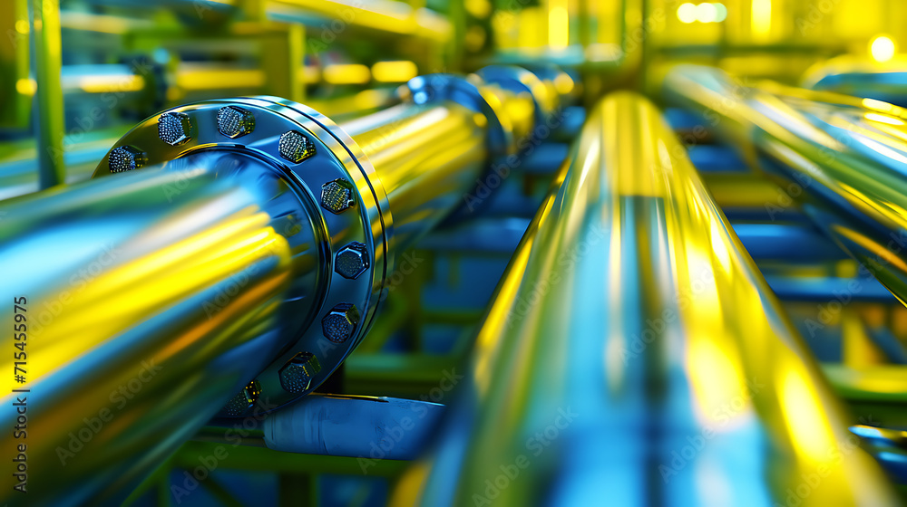 pipelines in the production facility of gas pipeline, in the style of light green and yellow, precisionist art, chrome-plated