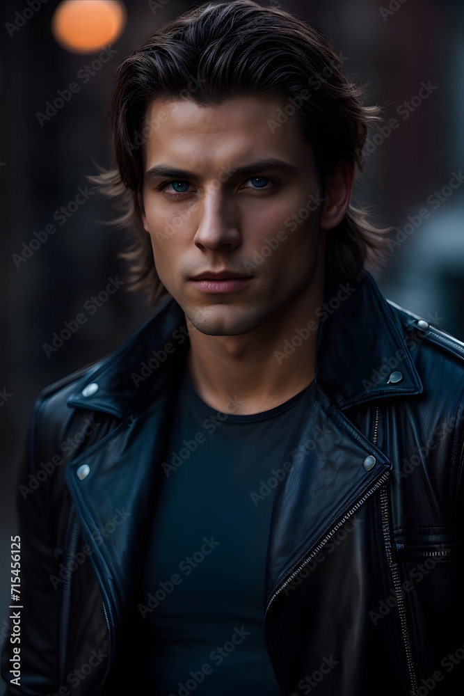 Man in Black Leather Jacket Facing Camera. Generative AI. Man in Black Leather Jacket Facing Camera. Generative AI.