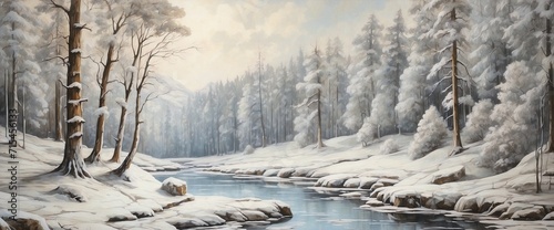 A snowy forest background painted in oil © varol