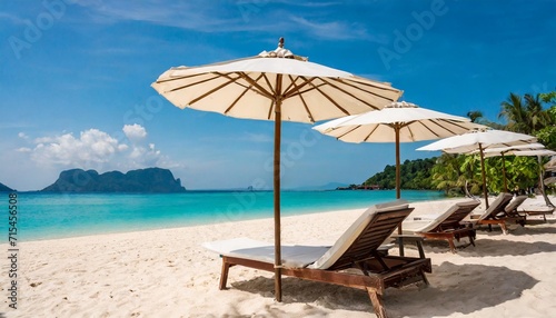 beach chairs with umbrella and beautiful sand beach tropical beach with white sand and turquoise water travel summer holiday background concept