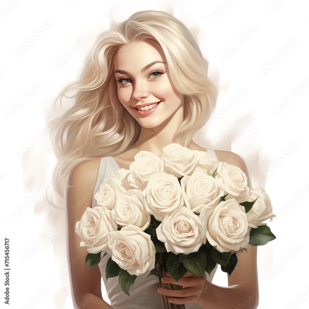 clipart portrait of a beautiful blonde woman with a bouquet of white roses on a white background, art, watercolor