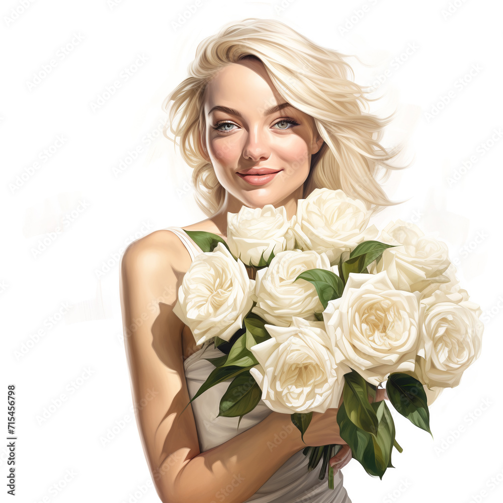 clipart portrait of a beautiful blonde woman with a bouquet of white roses on a white background, art, watercolor clipart portrait of a beautiful blonde woman with a bouquet of white roses on a white background, art, watercolor