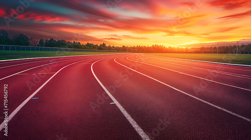 Running track field at sunset, in the style of photorealistic landscapes, modern, rounded, stylish, bright