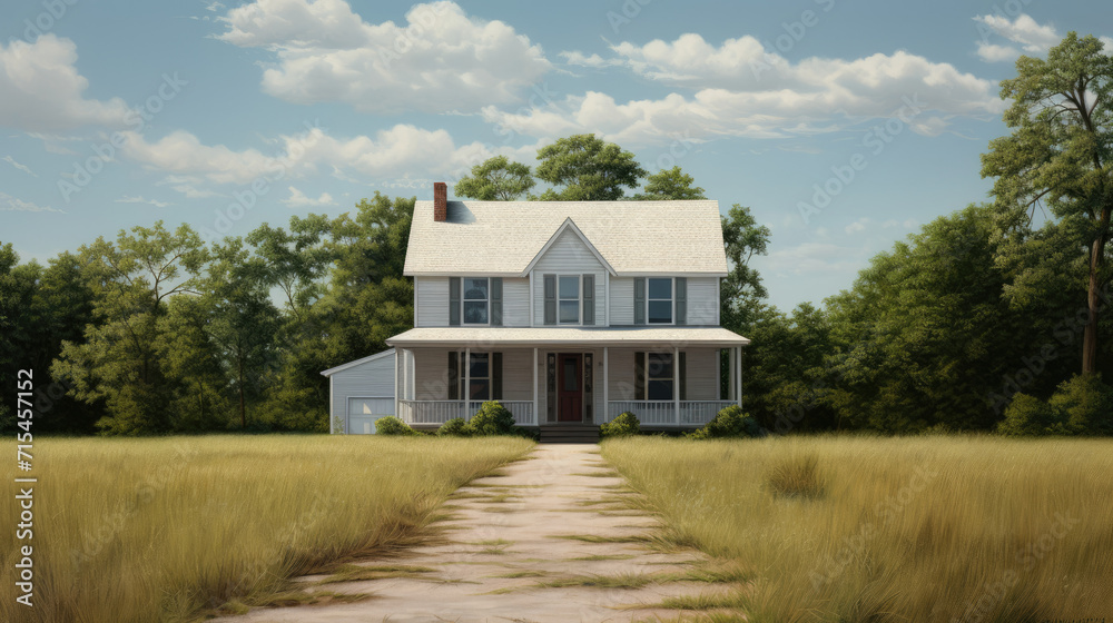 White House Painting in Field, Tranquil Countryside Scene Artwork White House Painting in Field, Tranquil Countryside Scene Artwork