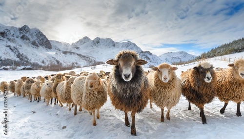 a sheep herd with ram breed valaska close up in winter