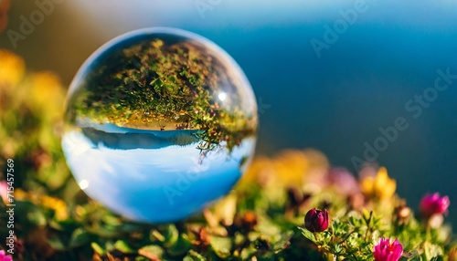 beautiful fantastic world and fantasy flowers seen in a glass ball or a drop of water against a blurred blue background