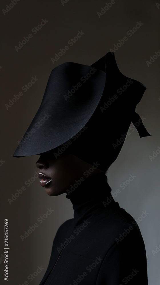 A dramatic, shadowy silhouette of an avant-garde hat, emphasizing its unique shape and architectural design.