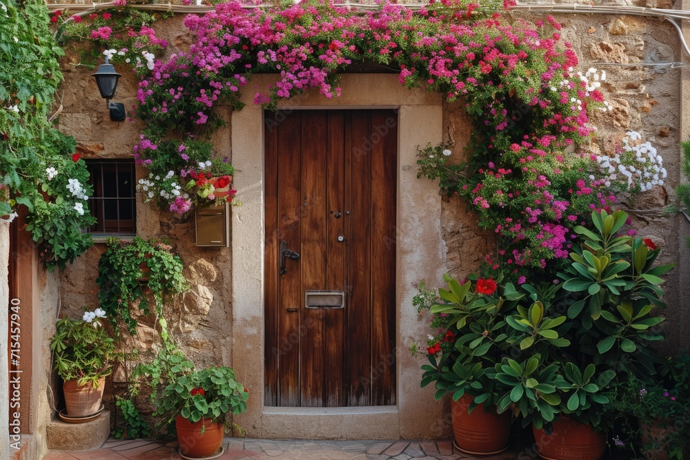 Vintage Doorway Blooming with Flowers: A Charming Entrance to an Old Dublin Home