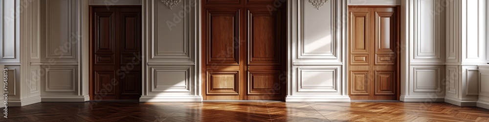 Classic Wooden Doorway Panorama in Empty Living Room Interior. 3D Rendering