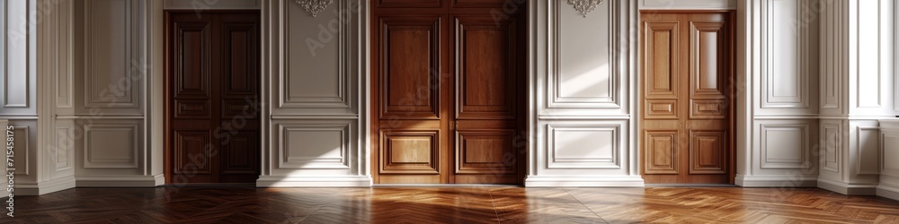 Classic Wooden Doorway Panorama in Empty Living Room Interior. 3D Rendering Classic Wooden Doorway Panorama in Empty Living Room Interior. 3D Rendering