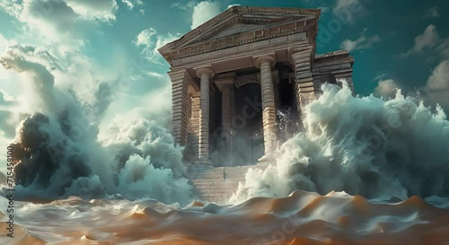 Roman temples in front of big waves in the sea (mp4) made with Ai generative technology photo