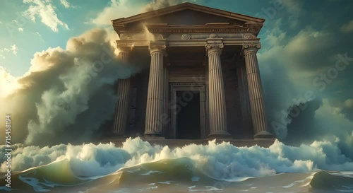 Roman temples in front of big waves in the sea (mp4) made with Ai generative technology