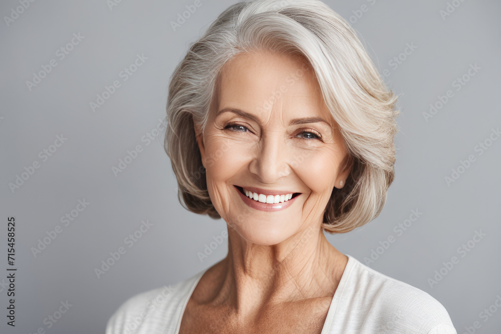 Portrait of beautiful older woman smiling and standing by gray wall. A place for text, a banner for advertising. Portrait of beautiful older woman smiling and standing by gray wall. A place for text, a banner for advertising.