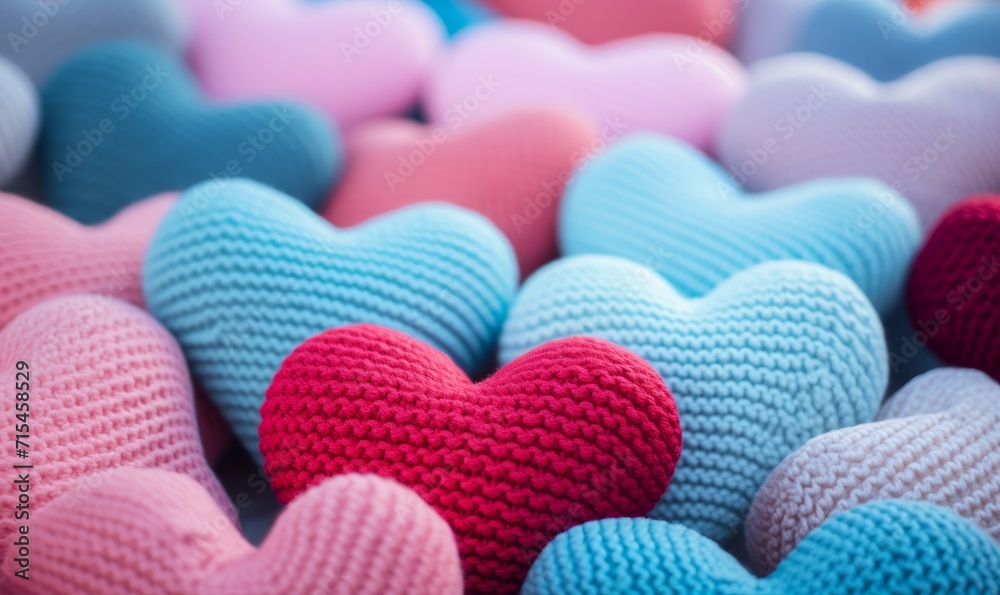 Fototapeta premium Colorful knitted hearts on a light background. Valentines day concept.