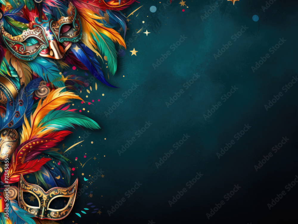 Carnival Mask With Feathers and Stars on Dark Background