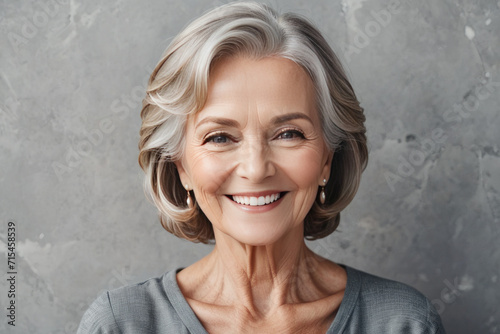 Portrait of beautiful older woman smiling and standing by gray wall. A place for text, a banner for advertising.