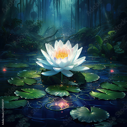 White Water Lily Floating On Top Of Pond - Serene Nature Close Up Photo
