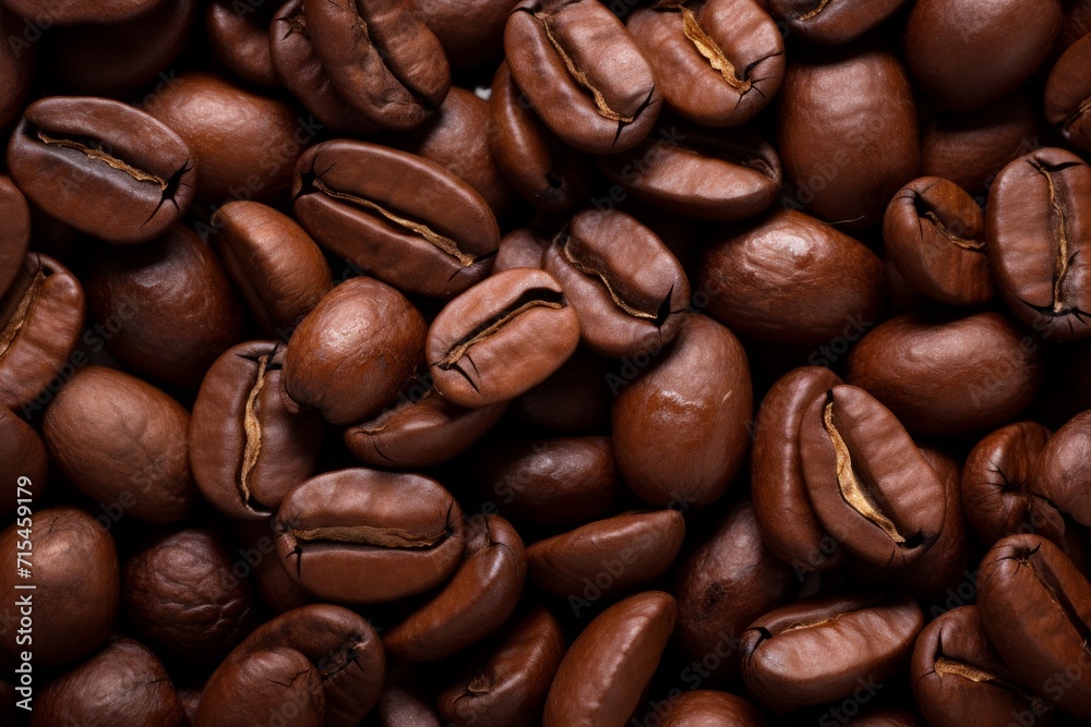 Fototapeta premium Close up view of dark fresh roasted coffee beans on coffee beans background. Closeup of coffee beans scattered background