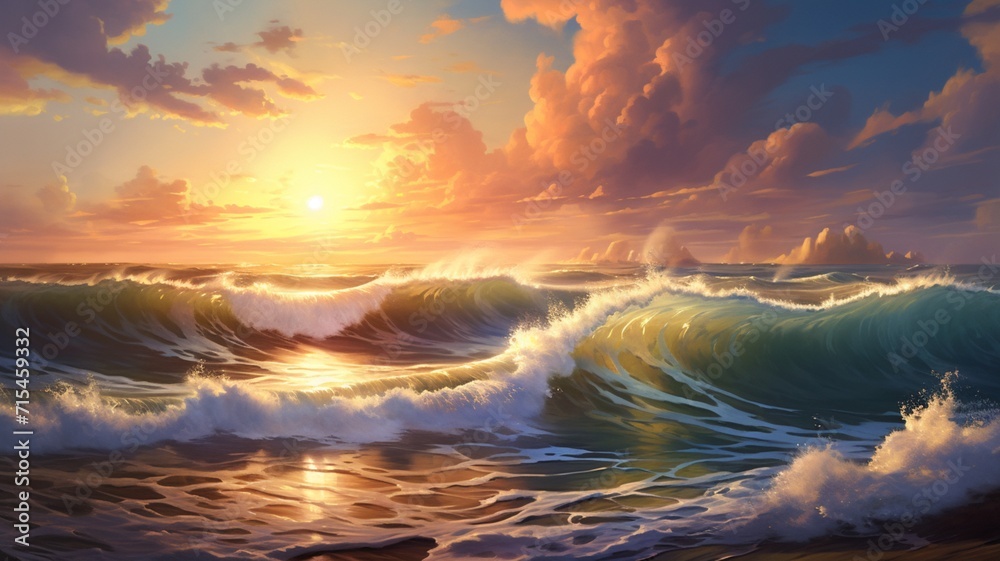 Beautiful beach sunset sea wave realistic wallpaper