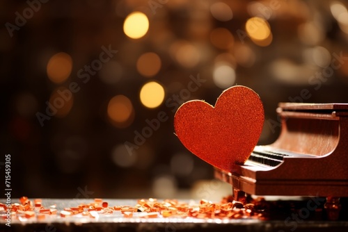 Valentine's Day background with red heart and piano on bokeh background