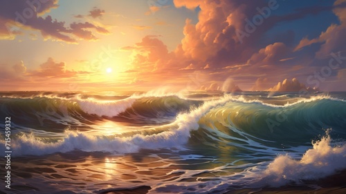 Beautiful beach sunset sea wave realistic wallpaper