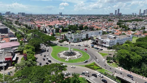 Tangerang, Indonesia - January 20, 2024: Aerial View of Gading Serpong Rotunda Monument, Roundabout with Iconic Landmark in Gading Serpong, South Tangerang photo