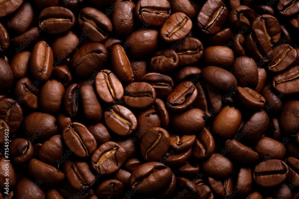 Close up view of dark fresh roasted coffee beans on coffee beans background. Closeup of coffee beans scattered background Close up view of dark fresh roasted coffee beans on coffee beans background. Closeup of coffee beans scattered background
