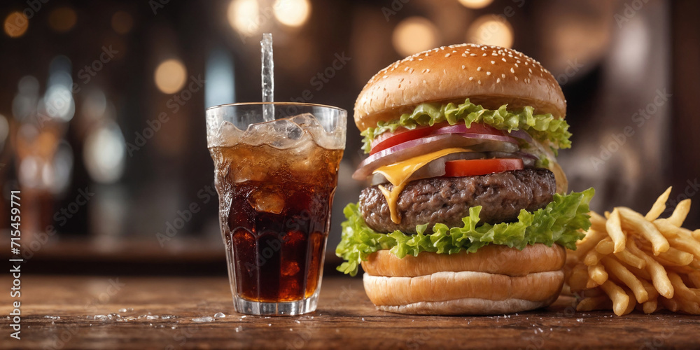 Big burger with hot grilled patty with melted cheese on top, tomato, onion, sauces and fried chips served with cold soft drink. Banner concept. Generative Ai Big burger with hot grilled patty with melted cheese on top, tomato, onion, sauces and fried chips served with cold soft drink. Banner concept. Generative Ai
