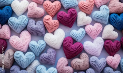Colorful knitted hearts on a light background. Valentines day concept.
