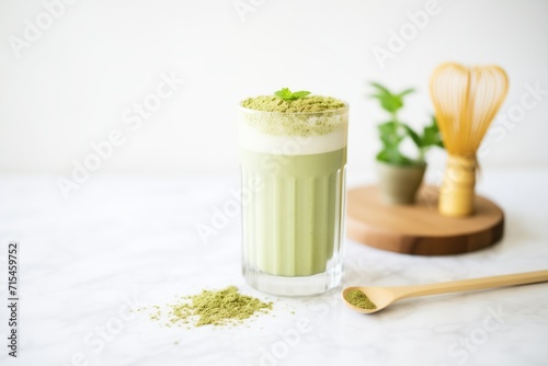 matcha milkshake with matcha powder and a green tea leaf