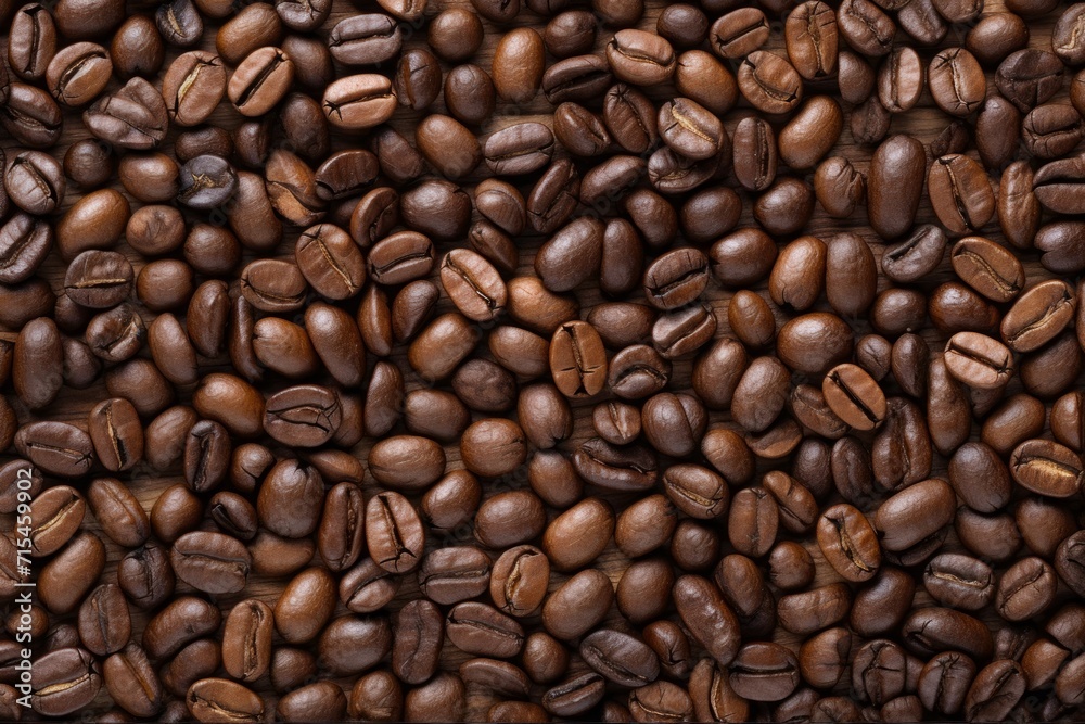 Close up view of dark fresh roasted coffee beans on coffee beans background. Closeup of coffee beans scattered background Close up view of dark fresh roasted coffee beans on coffee beans background. Closeup of coffee beans scattered background