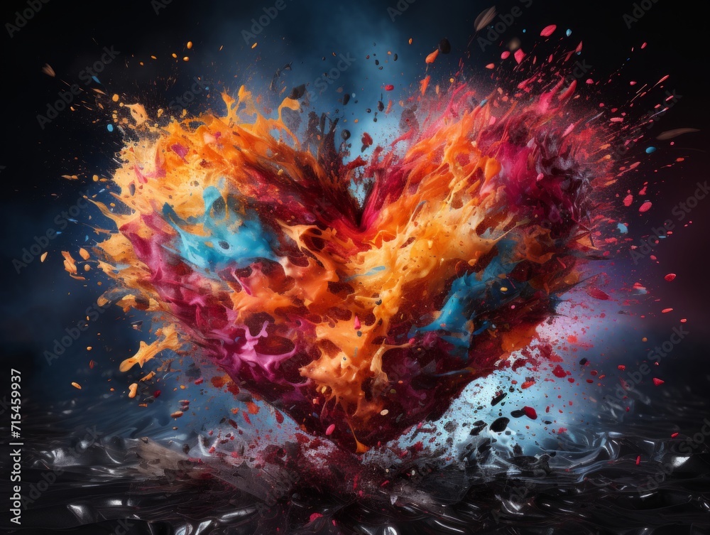 Explosion of colored powder in the shape of a heart on a dark background