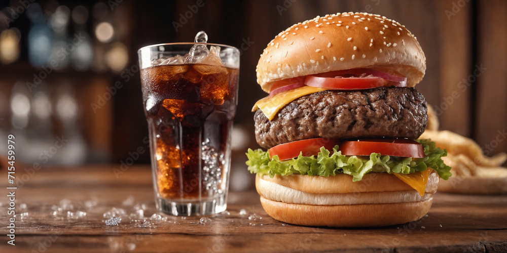 Big burger with hot grilled patty with melted cheese on top, tomato, onion, sauces and fried chips served with cold soft drink. Banner concept. Generative Ai Big burger with hot grilled patty with melted cheese on top, tomato, onion, sauces and fried chips served with cold soft drink. Banner concept. Generative Ai