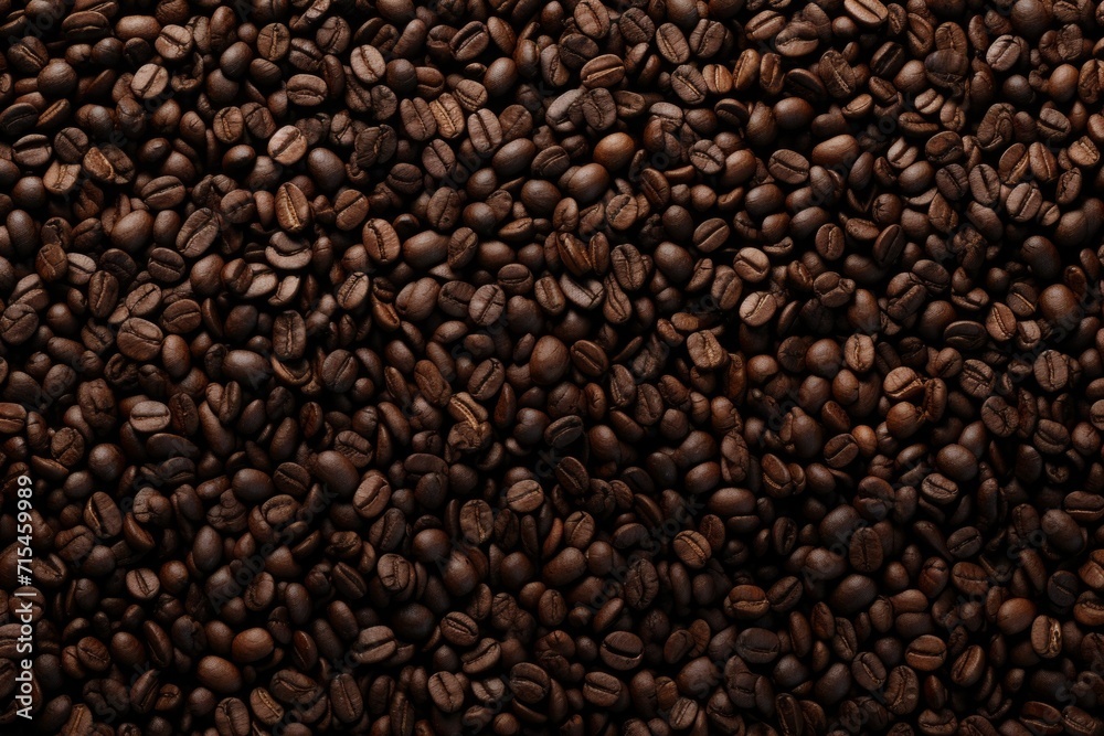 Close up view of dark fresh roasted coffee beans on coffee beans background. Closeup of coffee beans scattered background Close up view of dark fresh roasted coffee beans on coffee beans background. Closeup of coffee beans scattered background