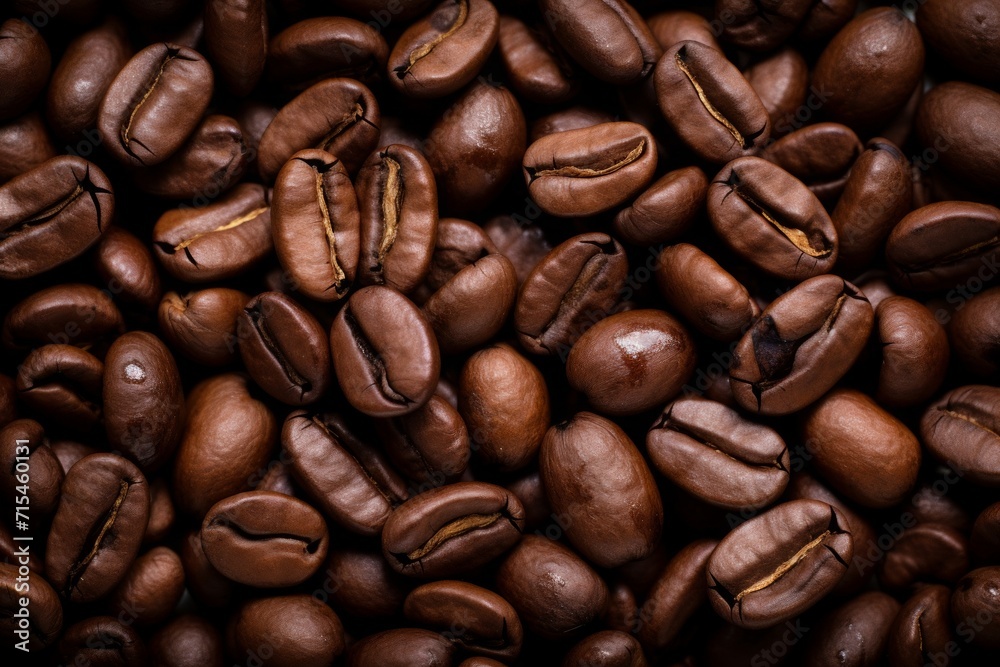 Close up view of dark fresh roasted coffee beans on coffee beans background. Closeup of coffee beans scattered background Close up view of dark fresh roasted coffee beans on coffee beans background. Closeup of coffee beans scattered background