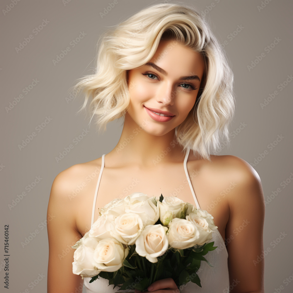 Naklejka premium portrait of a beautiful blonde girl with a bouquet of white roses on a neutral background