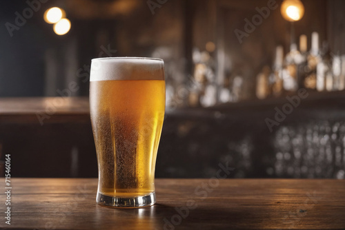 Cold beer in a glass, close up in a dark pub with a sunset light on it. Beer banner. Generative Ai