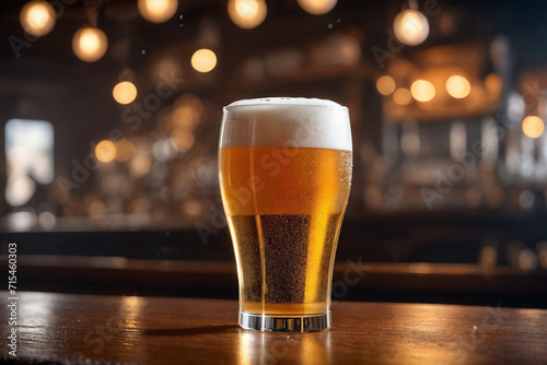 Cold beer in a glass, close up in a dark pub with a sunset light on it. Beer banner. Generative Ai