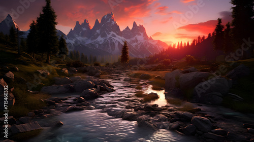 Mountains mirrored in a calm lake or river at sunrise   Holographic landscapes high quality ultra hd 8k hdr Free Photo