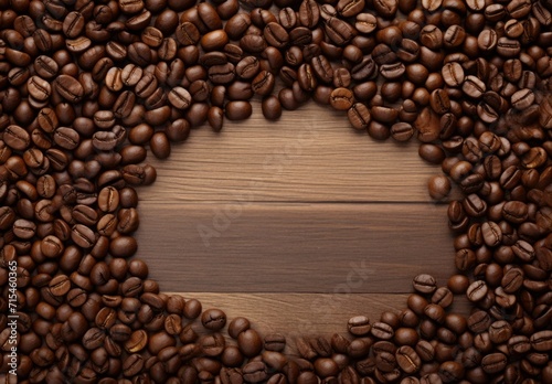 Top view of circle coffee beans on brown paper texture background