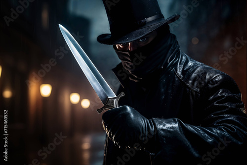 Mysterious masked victorian man with a knife. Generative AI image. photo