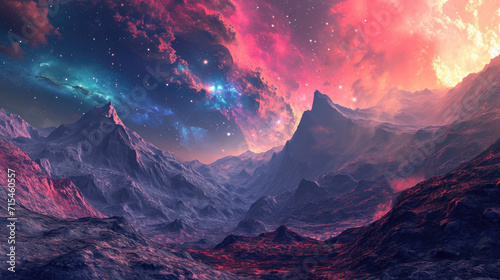 Abstract space landscape background with alien world and hazy sky in original colors