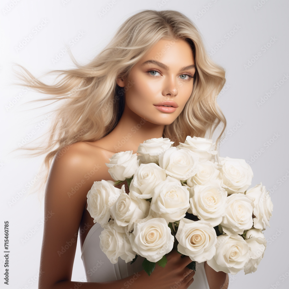 portrait of a beautiful blonde girl with a bouquet of white roses on a neutral background portrait of a beautiful blonde girl with a bouquet of white roses on a neutral background