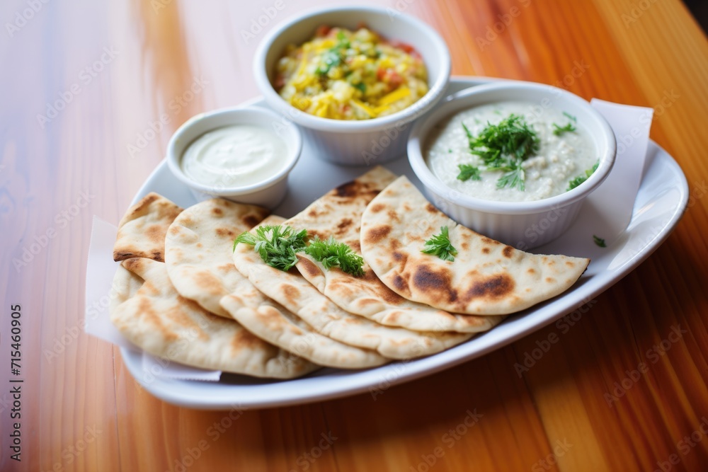 naan with dips: hummus, baba ganoush, and tzatziki naan with dips: hummus, baba ganoush, and tzatziki