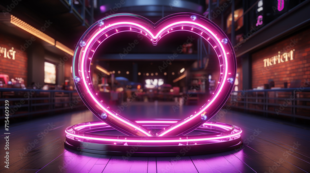 Happy valentines day and stage podium decorated with heart shape lighting. pedestal scene with for product, cosmetic, advertising, show, award ceremony