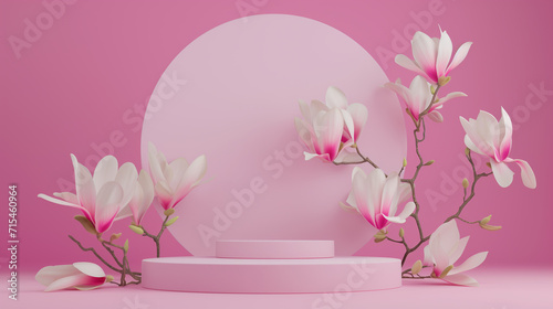 3D rendering of a podium for product display with magnolia flowers on a pink background