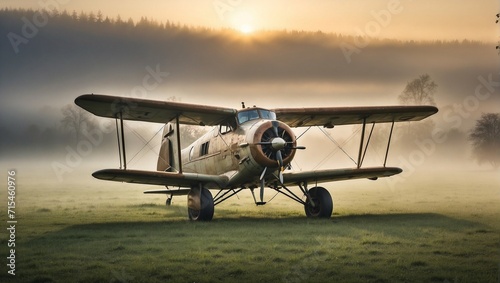 A vintage propeller plane parked on a grassy field, with the early morning fog gently lifting Generative AI photo