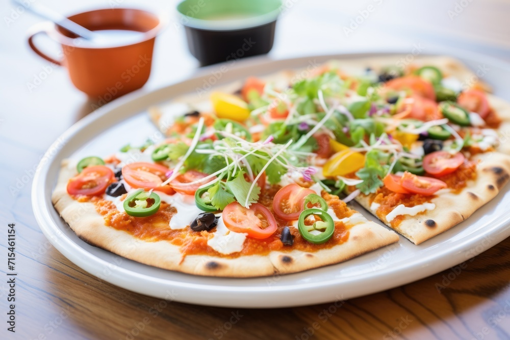naan pizza with tomato sauce and toppings, ready to eat naan pizza with tomato sauce and toppings, ready to eat