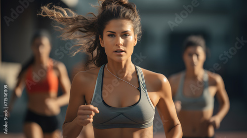 Powerful sprinting stance  female athlete  determination radiating  sunlight highlighting the speed  outfitted in sleek running attire