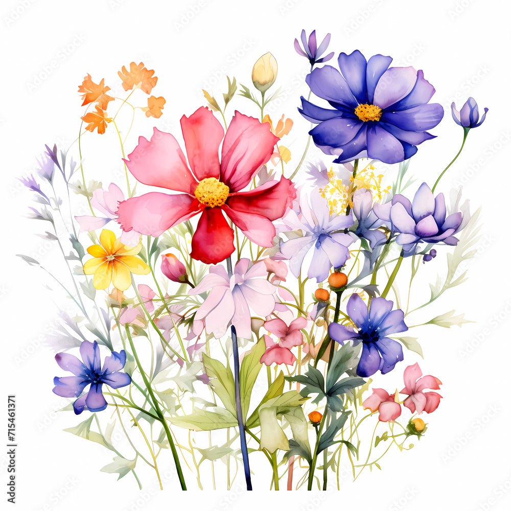 Wildflowers, blooming flowers, isolated on white background